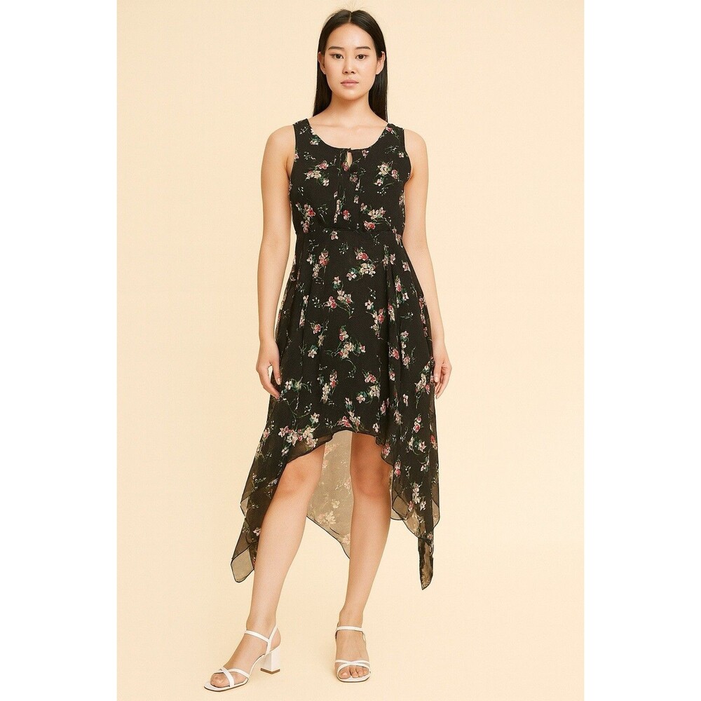 J Gee Dress 3x Black Floral  Hankerchief Hem Pintuck Chiffon